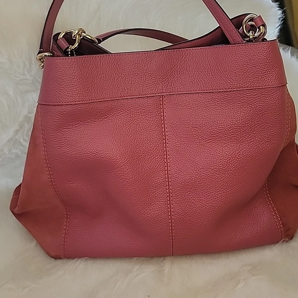 COACH Lexy Large Pink Rose Pebbled Leather‎ Suede Double Handle Shoulder Bag